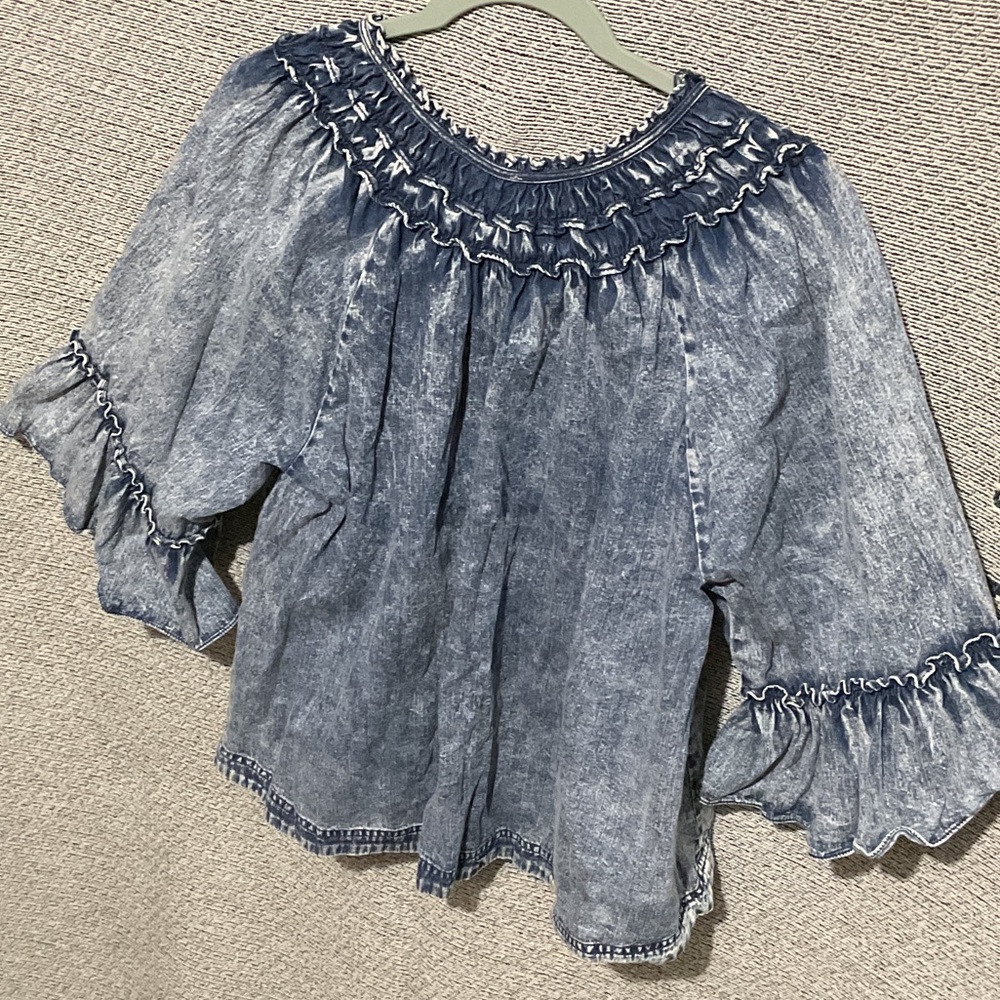 Free People Blue Washed Denim Peasant Blouse - Picture 3 of 7